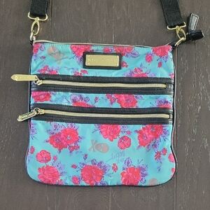 Betsey Johnson Pink/Blue Floral Crossbody with Gold Accents--Adjustable Strap
